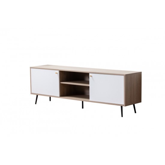 Aurora Light Brown Wood TV Stand with 2 White Cabinets and Modular Shelves