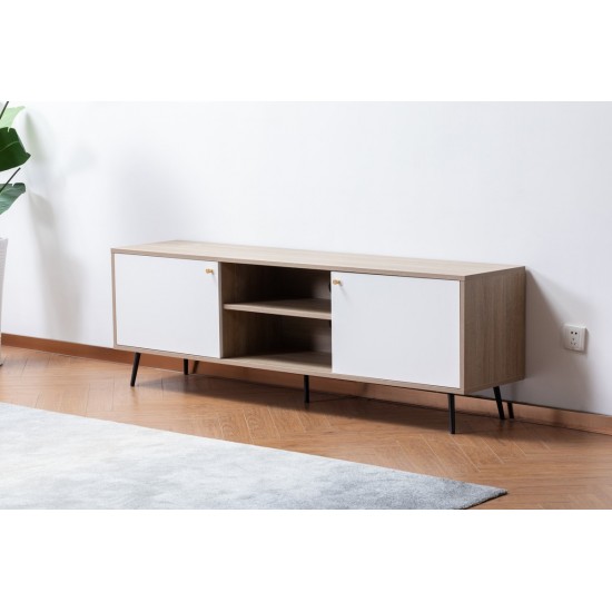 Aurora Light Brown Wood TV Stand with 2 White Cabinets and Modular Shelves