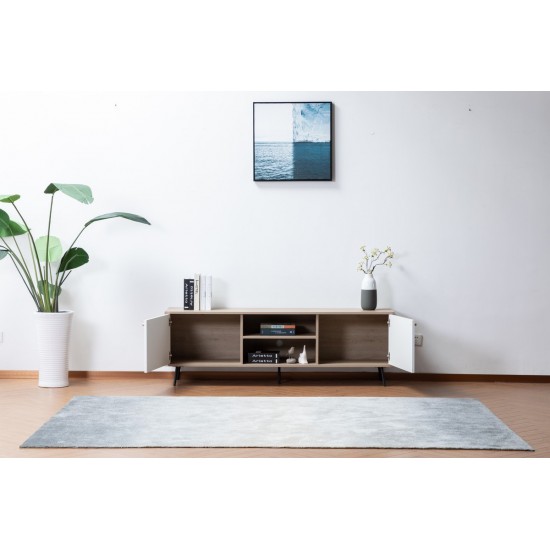 Aurora Light Brown Wood TV Stand with 2 White Cabinets and Modular Shelves