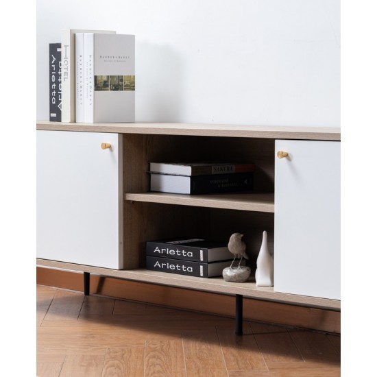 Aurora Light Brown Wood TV Stand with 2 White Cabinets and Modular Shelves