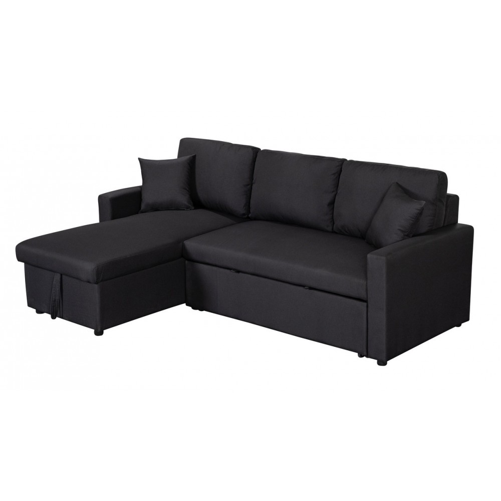 Paisley Black Linen Fabric Reversible Sleeper Sectional Sofa with Storage Chaise