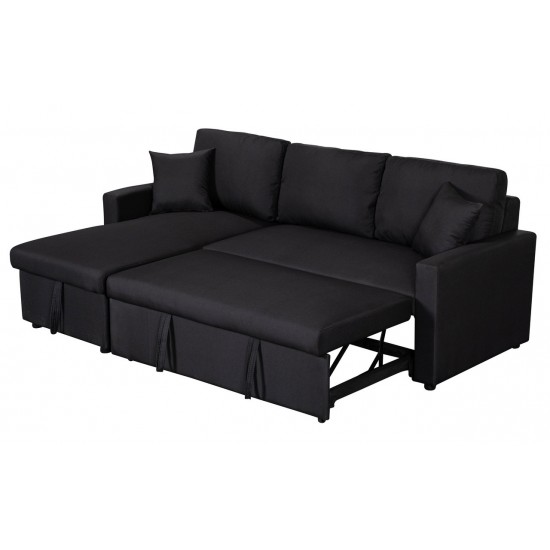 Paisley Black Linen Fabric Reversible Sleeper Sectional Sofa with Storage Chaise