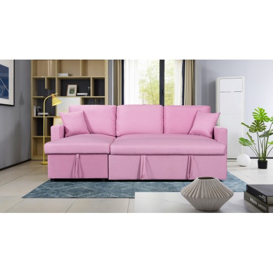 Paisley Pink Linen Fabric Reversible Sleeper Sectional Sofa with Storage Chaise