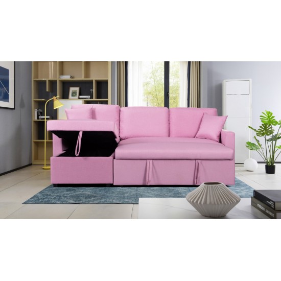 Paisley Pink Linen Fabric Reversible Sleeper Sectional Sofa with Storage Chaise