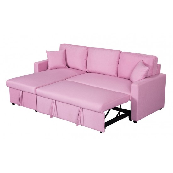 Paisley Pink Linen Fabric Reversible Sleeper Sectional Sofa with Storage Chaise