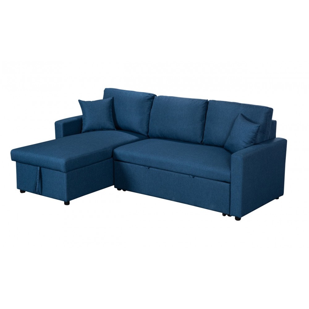 Paisley Blue Linen Fabric Reversible Sleeper Sectional Sofa with Storage Chaise