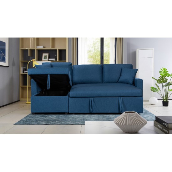 Paisley Blue Linen Fabric Reversible Sleeper Sectional Sofa with Storage Chaise