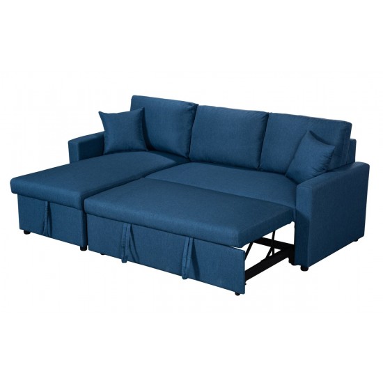 Paisley Blue Linen Fabric Reversible Sleeper Sectional Sofa with Storage Chaise