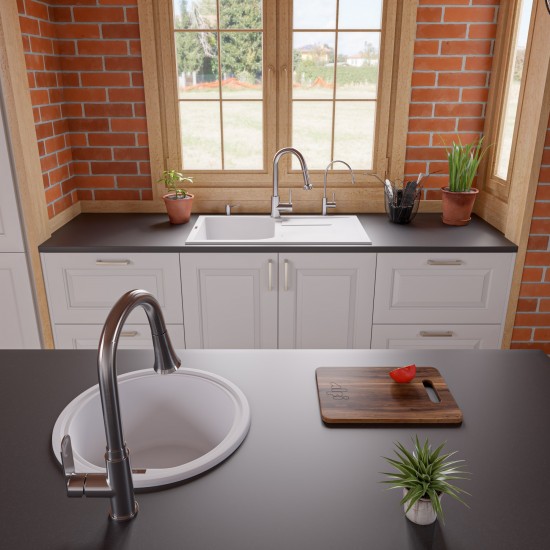 ALFI brand White 34" Single Bowl Granite Composite Kitchen Sink with Drainboard
