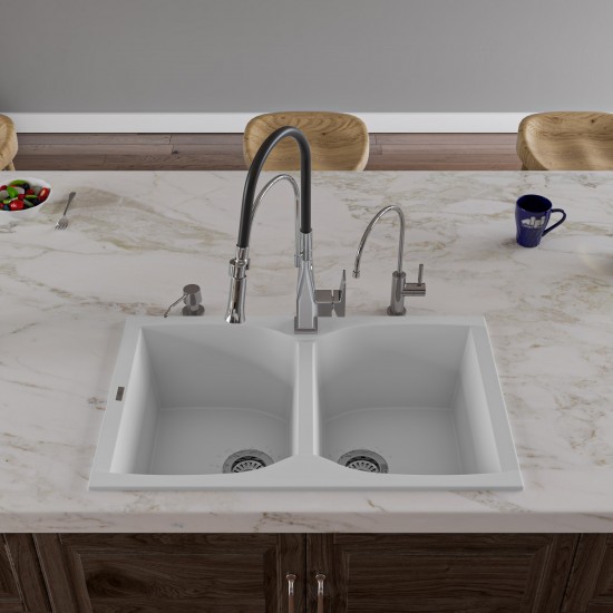 ALFI brand White 32" Drop-In Double Bowl Granite Composite Kitchen Sink