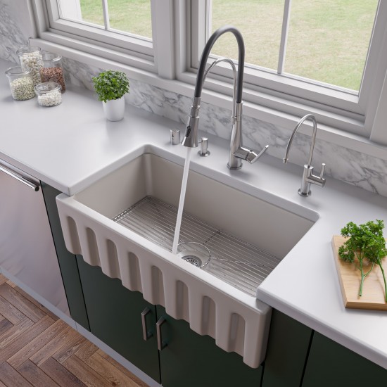 ALFI brand Biscuit 33" x 18" Reversible Fluted / Smooth Fireclay Farm Sink