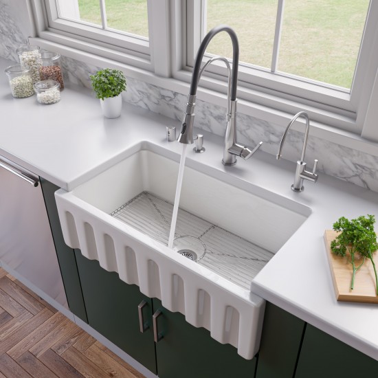 ALFI brand 33" x 18" Reversible Fluted / Smooth Single Bowl Fireclay Farm Sink