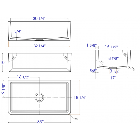 ALFI brand 33" Smooth Apron Solid Thick Wall Fireclay Single Bowl Farm Sink