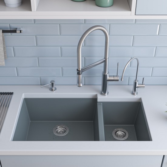 ALFI brand Titanium 34" Double Bowl Undermount Granite Composite Kitchen Sink