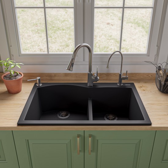 ALFI brand Black 33" Double Bowl Drop In Granite Composite Kitchen Sink
