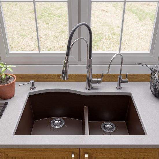 ALFI brand Chocolate 33" Double Bowl Undermount Granite Composite Kitchen Sink
