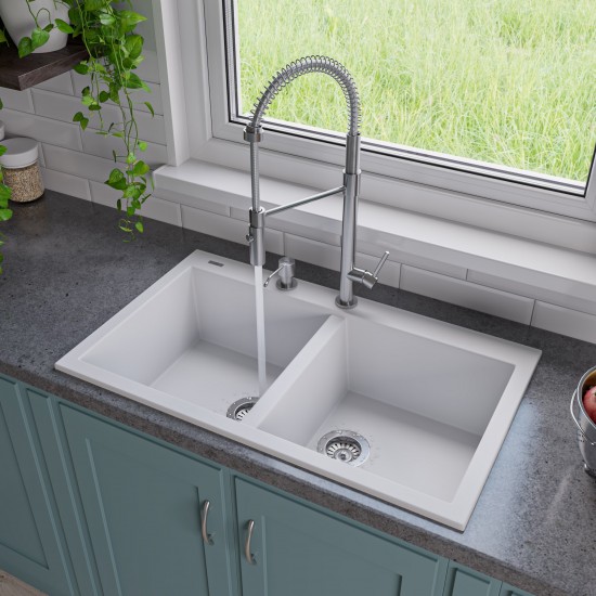 ALFI brand White 34" Drop-In Double Bowl Granite Composite Kitchen Sink