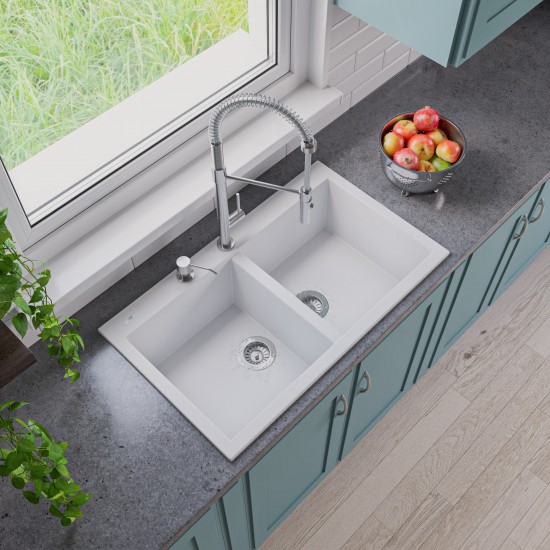 ALFI brand White 34" Drop-In Double Bowl Granite Composite Kitchen Sink