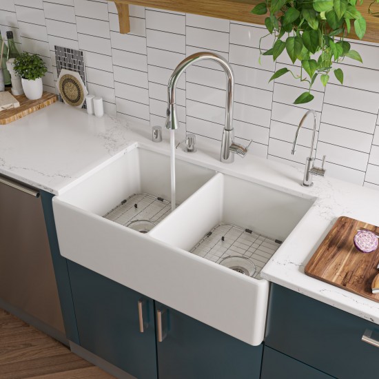 ALFI brand White 32" Smooth Apron Double Bowl Fireclay Farmhouse Kitchen Sink