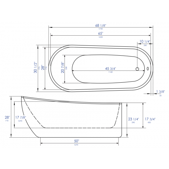 ALFI brand AB8826 68 inch White Oval Acrylic Free Standing Soaking Bathtub