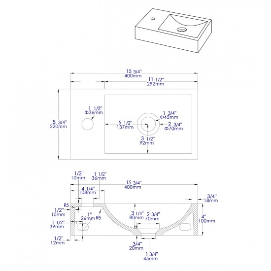 ALFI brand 16" Small Rectangular Solid Concrete Gray Wall Mounted Bathroom Sink