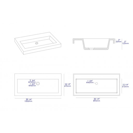 ALFI brand ABCO40TR 40" Solid Concrete Gray Matte Trough Sink for the Bathroom