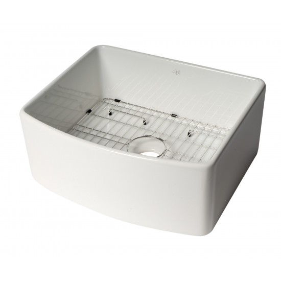 ALFI Brand Smooth Curved 24" x 20" Single Bowl Fireclay Farm Sink with Grid