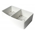 ALFI Brand Smooth Curved 33" x 20" Double Bowl Fireclay Farm Sink with Grid