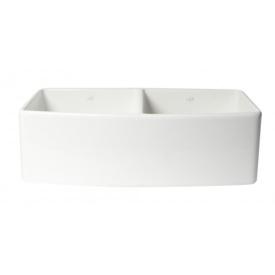 ALFI Brand Smooth Curved 33" x 20" Double Bowl Fireclay Farm Sink with Grid