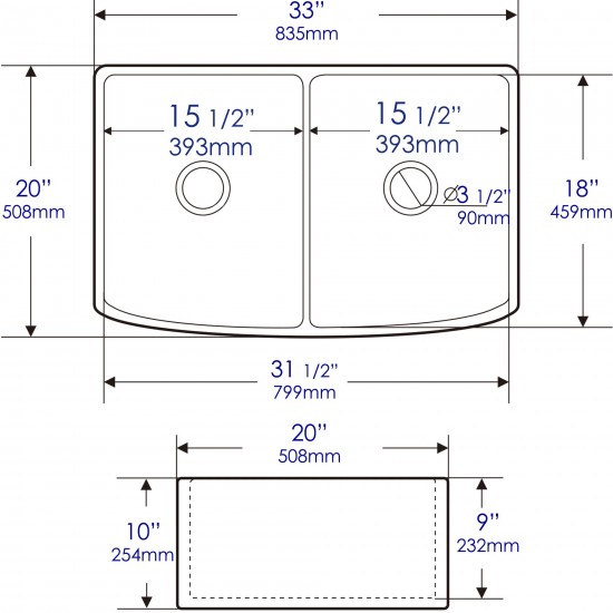 ALFI Brand Smooth Curved 33" x 20" Double Bowl Fireclay Farm Sink with Grid