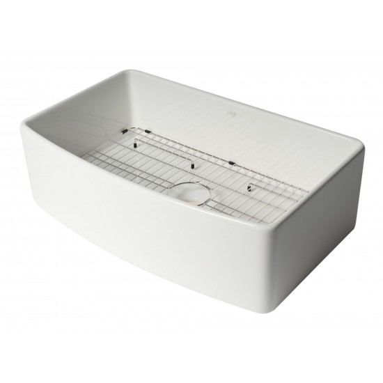 ALFI Brand Smooth Curved 33" x 20" Single Bowl Fireclay Farm Sink with Grid