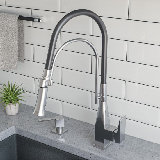 ALFI brand Brushed Nickel Square Kitchen Faucet with Black Rubber Stem