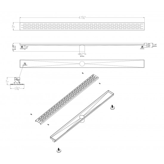 ALFI brand 47" Black Matte Stainless Steel Linear Shower Drain with Groove Holes