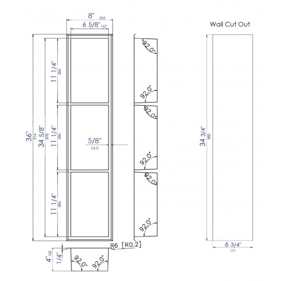 ALFI brand 8 x 36 Brushed Vertical Triple Shelf Bath Shower Niche