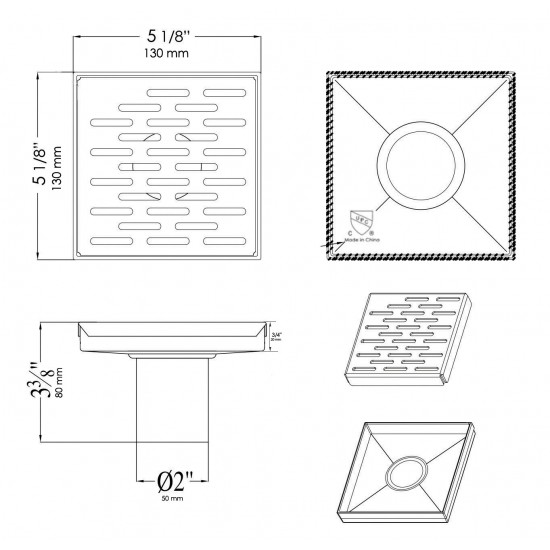 ALFI brand 5" x 5" Square Stainless Steel Shower Drain with Groove Holes