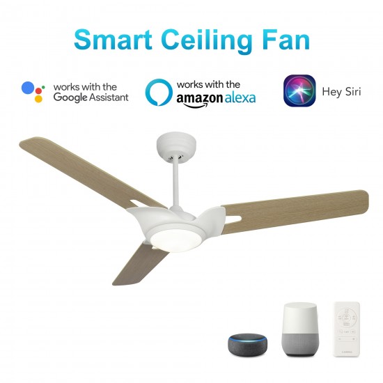 Hoffen 52 Inch 3-Blade Smart Ceiling Fan - White/Light Wood