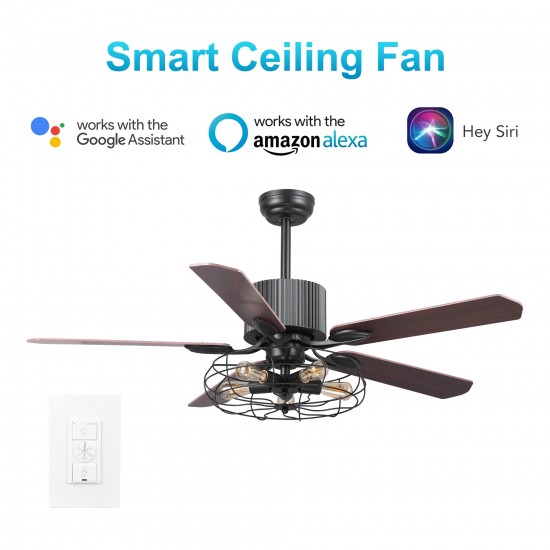 Helston 52 Inch 5-Blade Smart Ceiling Fan - Black/Walnut (Reversible Blades)