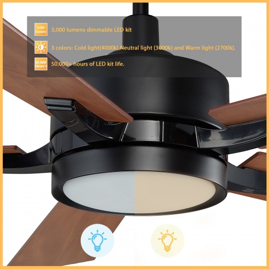 Appleton 56 Inch 5-Blade Smart Ceiling Fan - Black/Wood Grain Pattern