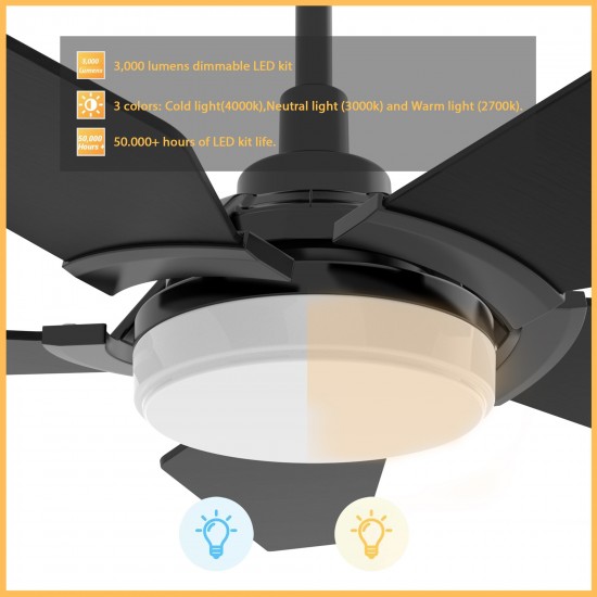 Woodrow 52 Inch 5-Blade Smart Ceiling Fan - Black/Black