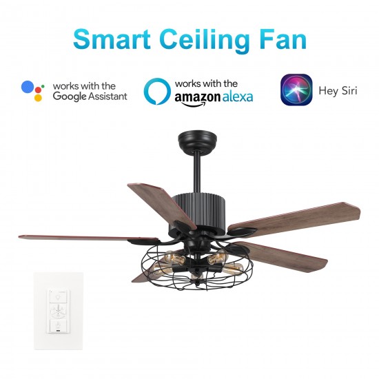 Helston 52 Inch 5-Blade Smart Ceiling Fan - Black/Dark Wood & Light Wood