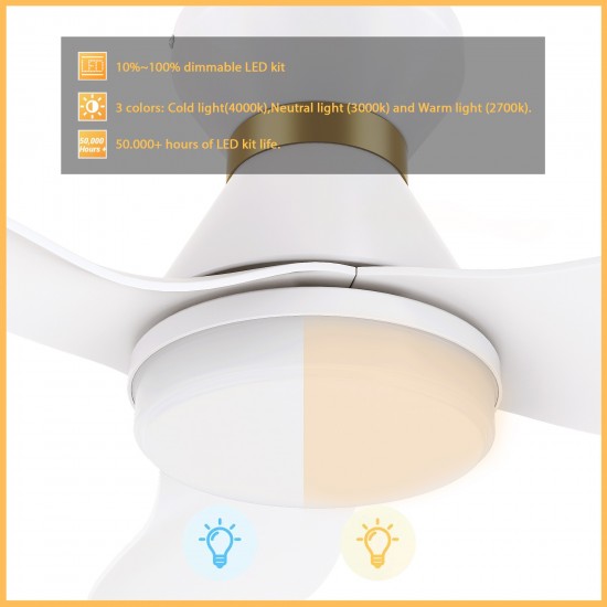 Ryatt 45 Inch 3-Blade Flush Mount Smart Ceiling Fan - White (Gold Detail)