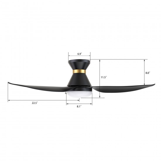 Ryatt 45 Inch 3-Blade Flush Mount Smart Ceiling Fan - Black