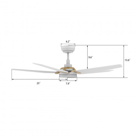 Woodrow 52 Inch 5-Blade Smart Ceiling Fan - White (Gold Detail)