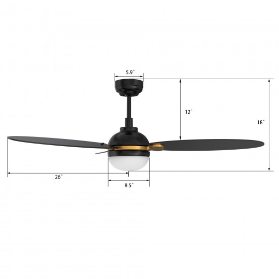 Pearla 52 Inch 3-Blade Smart Ceiling Fan - Black