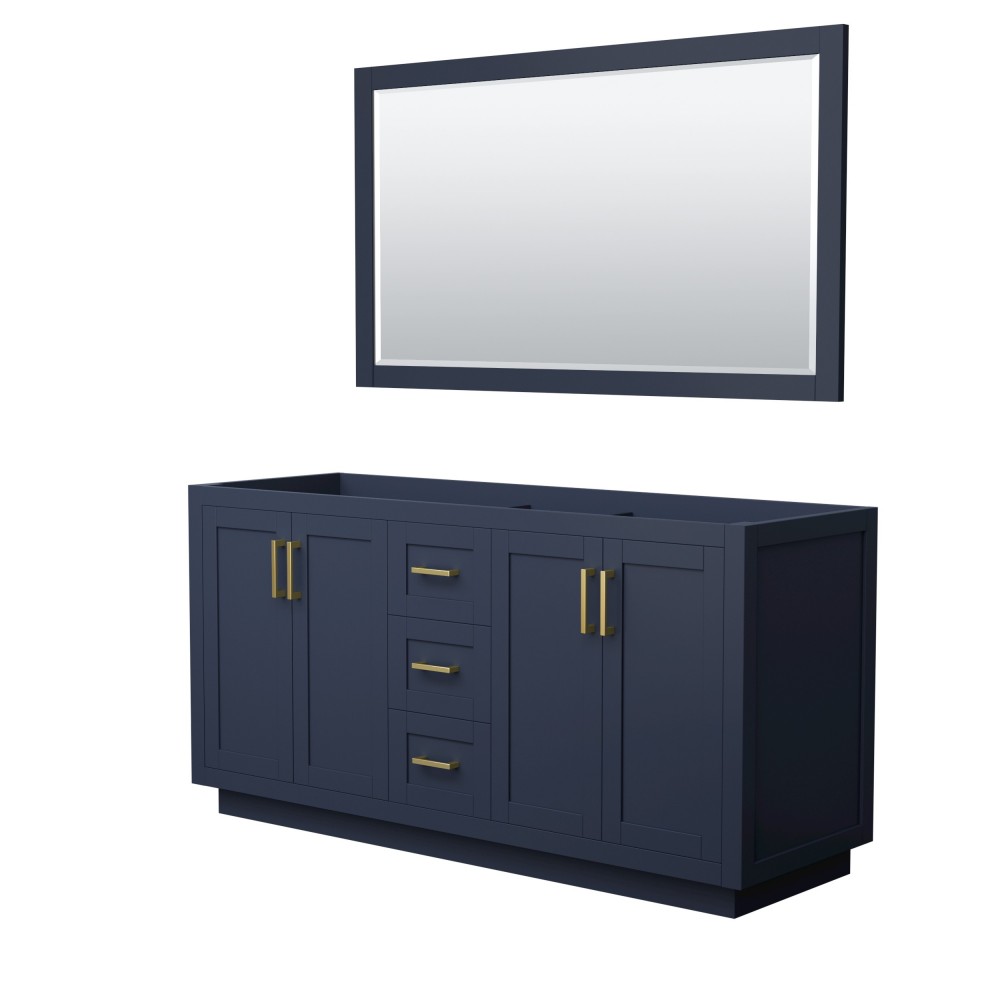 Miranda 66" Double Vanity in Dark Blue, No Top, Bruished Gold Trim, 58" Mirror