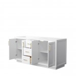 Miranda 66" Double Vanity in White, No Top, No Sink, Brushed Gold Trim