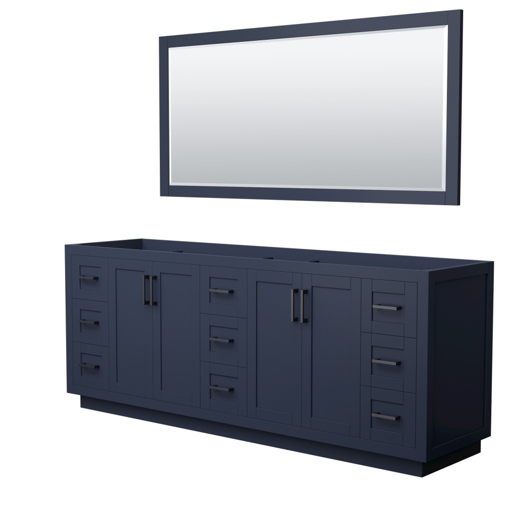 Miranda 84" Double Vanity in Dark Blue, No Top, Matte Black Trim, 70" Mirror