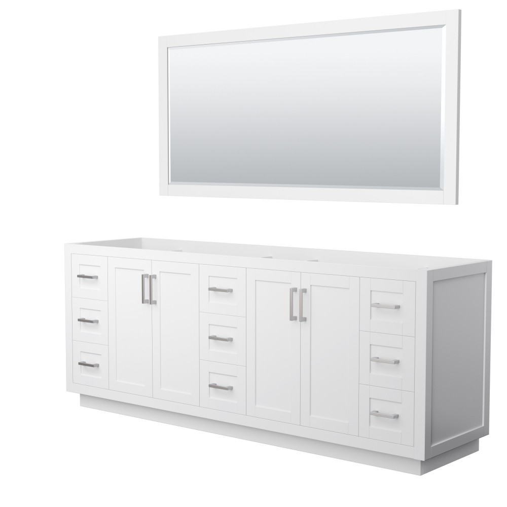 Miranda 84" Double Vanity in White, No Top, Bruished Nickel Trim, 70" Mirror