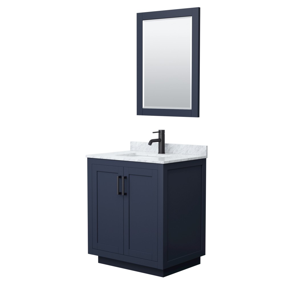 Miranda 30" Single Vanity in Dark Blue, Top, Square Matte Black Trim, 24" Mirror