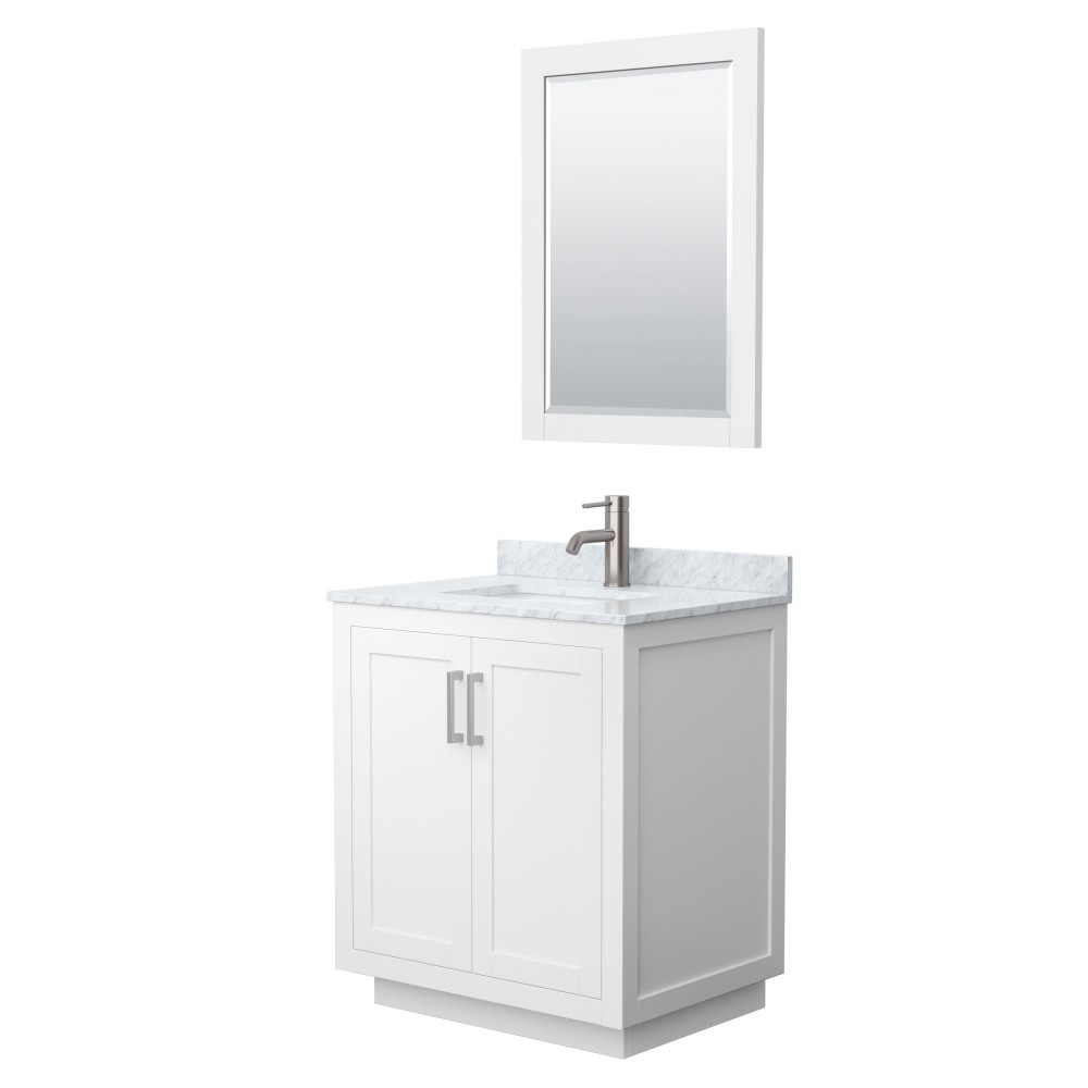 Miranda 30" Single Vanity in White, Top, Square Brushed Nickel Trim, 24" Mirror Miranda 30" Single Vanity in White, Top, Square Brushed Nickel Trim, 24" Mirror